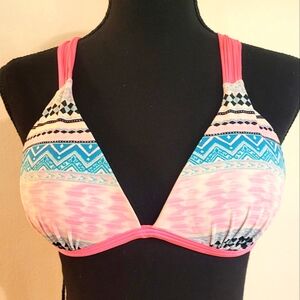 Red Camel Pink and Blue Patterned Bikini Top W/Built-in‎ Cups (Size L)